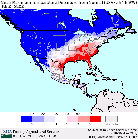 North America Mean Maximum Temperature Departure from Normal (USAF 557th WW) Thematic Map For 2/20/2023 - 2/26/2023