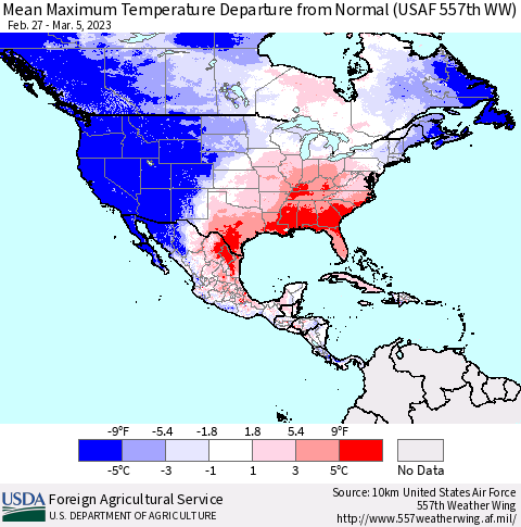 North America Mean Maximum Temperature Departure from Normal (USAF 557th WW) Thematic Map For 2/27/2023 - 3/5/2023