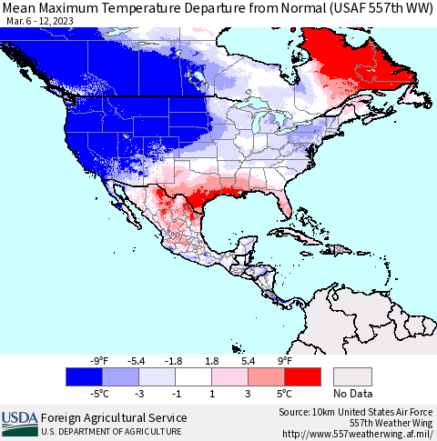 North America Mean Maximum Temperature Departure from Normal (USAF 557th WW) Thematic Map For 3/6/2023 - 3/12/2023