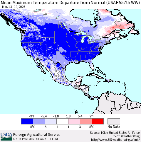 North America Mean Maximum Temperature Departure from Normal (USAF 557th WW) Thematic Map For 3/13/2023 - 3/19/2023