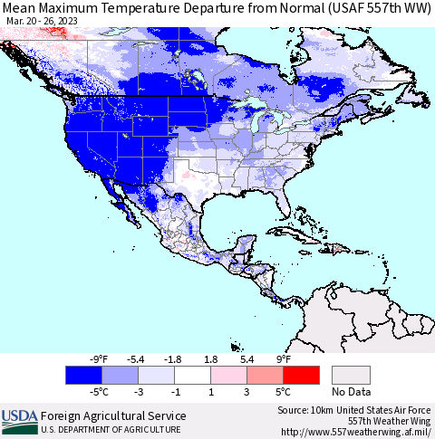 North America Mean Maximum Temperature Departure from Normal (USAF 557th WW) Thematic Map For 3/20/2023 - 3/26/2023