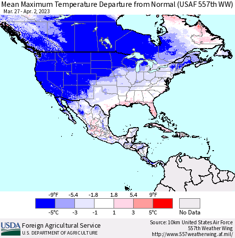 North America Mean Maximum Temperature Departure from Normal (USAF 557th WW) Thematic Map For 3/27/2023 - 4/2/2023