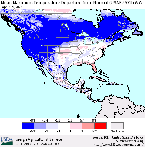 North America Mean Maximum Temperature Departure from Normal (USAF 557th WW) Thematic Map For 4/3/2023 - 4/9/2023
