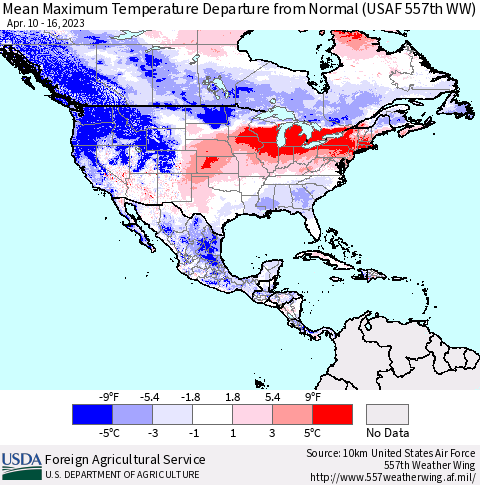 North America Mean Maximum Temperature Departure from Normal (USAF 557th WW) Thematic Map For 4/10/2023 - 4/16/2023