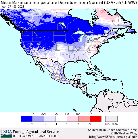 North America Mean Maximum Temperature Departure from Normal (USAF 557th WW) Thematic Map For 4/17/2023 - 4/23/2023