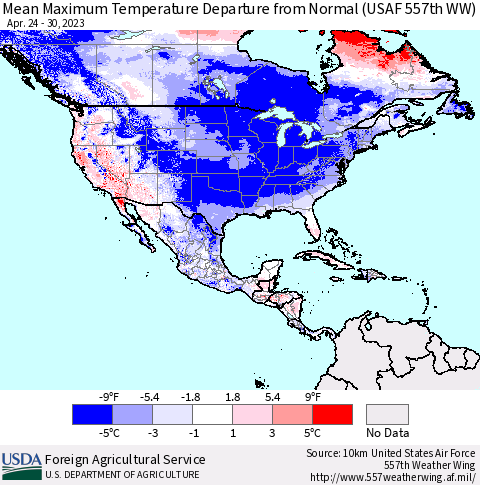North America Mean Maximum Temperature Departure from Normal (USAF 557th WW) Thematic Map For 4/24/2023 - 4/30/2023
