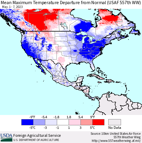 North America Mean Maximum Temperature Departure from Normal (USAF 557th WW) Thematic Map For 5/1/2023 - 5/7/2023