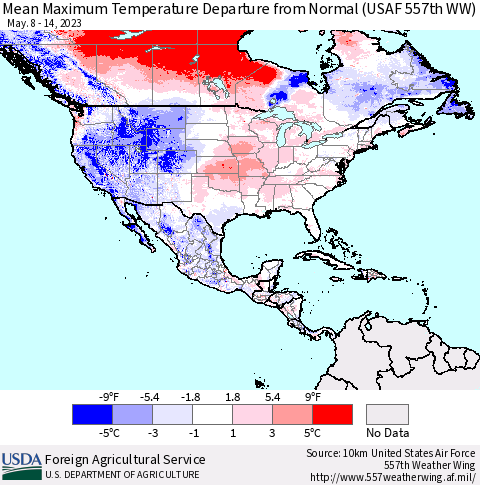 North America Mean Maximum Temperature Departure from Normal (USAF 557th WW) Thematic Map For 5/8/2023 - 5/14/2023