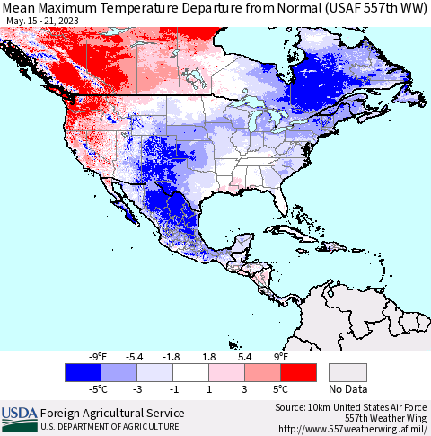 North America Mean Maximum Temperature Departure from Normal (USAF 557th WW) Thematic Map For 5/15/2023 - 5/21/2023