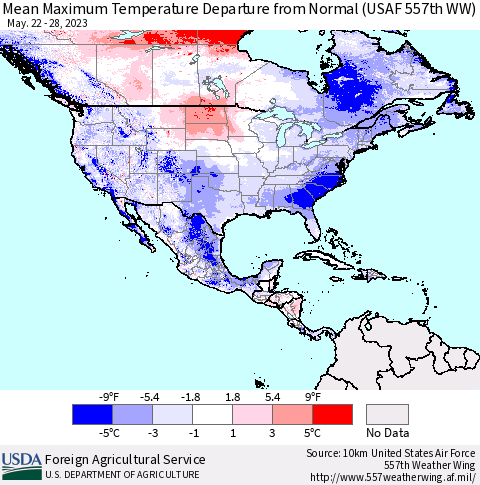 North America Mean Maximum Temperature Departure from Normal (USAF 557th WW) Thematic Map For 5/22/2023 - 5/28/2023