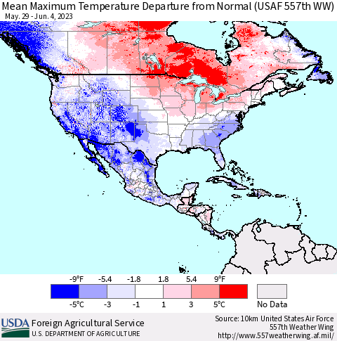 North America Mean Maximum Temperature Departure from Normal (USAF 557th WW) Thematic Map For 5/29/2023 - 6/4/2023