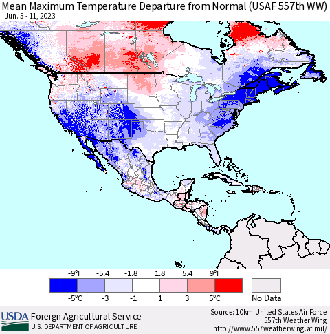 North America Mean Maximum Temperature Departure from Normal (USAF 557th WW) Thematic Map For 6/5/2023 - 6/11/2023