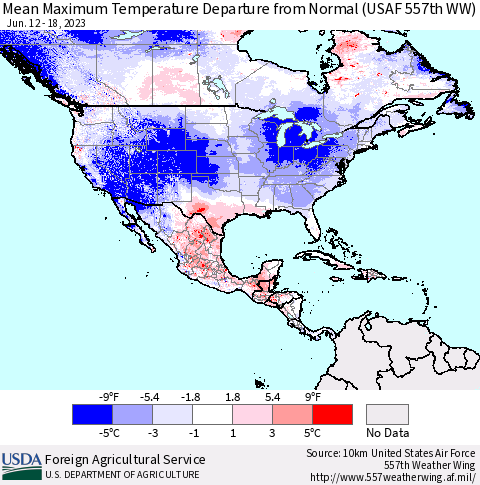 North America Mean Maximum Temperature Departure from Normal (USAF 557th WW) Thematic Map For 6/12/2023 - 6/18/2023