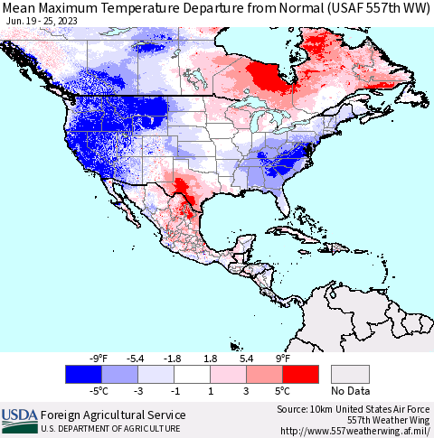 North America Mean Maximum Temperature Departure from Normal (USAF 557th WW) Thematic Map For 6/19/2023 - 6/25/2023