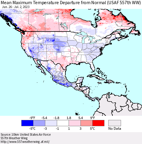 North America Mean Maximum Temperature Departure from Normal (USAF 557th WW) Thematic Map For 6/26/2023 - 7/2/2023