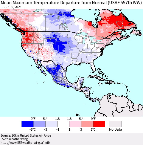 North America Mean Maximum Temperature Departure from Normal (USAF 557th WW) Thematic Map For 7/3/2023 - 7/9/2023