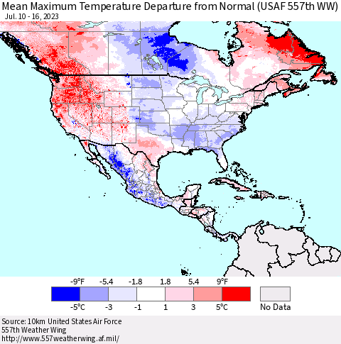 North America Mean Maximum Temperature Departure from Normal (USAF 557th WW) Thematic Map For 7/10/2023 - 7/16/2023