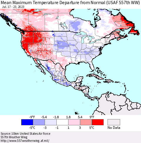 North America Mean Maximum Temperature Departure from Normal (USAF 557th WW) Thematic Map For 7/17/2023 - 7/23/2023