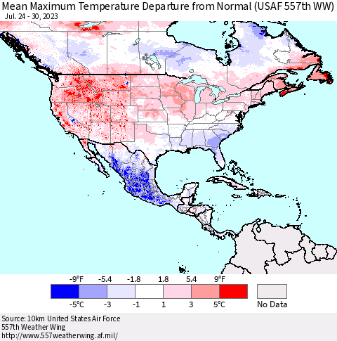 North America Mean Maximum Temperature Departure from Normal (USAF 557th WW) Thematic Map For 7/24/2023 - 7/30/2023