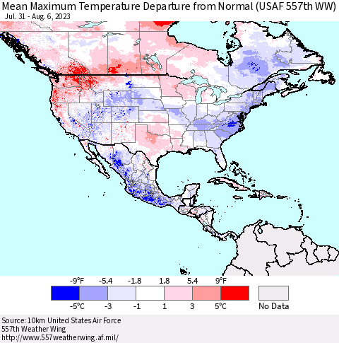 North America Mean Maximum Temperature Departure from Normal (USAF 557th WW) Thematic Map For 7/31/2023 - 8/6/2023