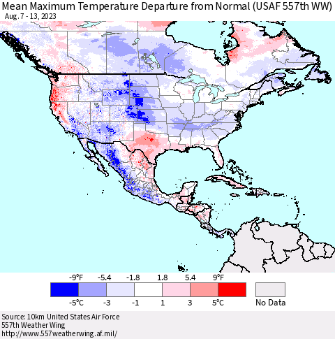 North America Mean Maximum Temperature Departure from Normal (USAF 557th WW) Thematic Map For 8/7/2023 - 8/13/2023