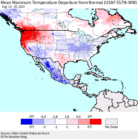 North America Mean Maximum Temperature Departure from Normal (USAF 557th WW) Thematic Map For 8/14/2023 - 8/20/2023