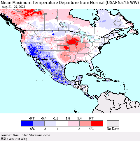 North America Mean Maximum Temperature Departure from Normal (USAF 557th WW) Thematic Map For 8/21/2023 - 8/27/2023
