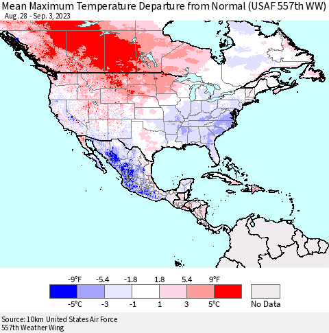 North America Mean Maximum Temperature Departure from Normal (USAF 557th WW) Thematic Map For 8/28/2023 - 9/3/2023