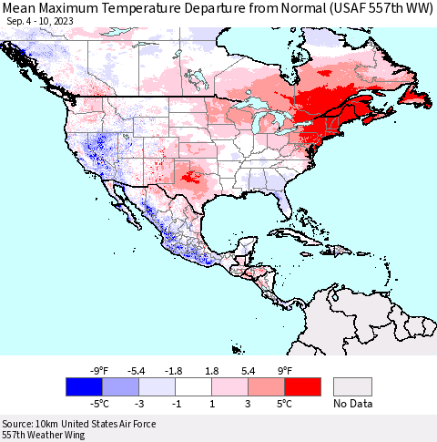 North America Mean Maximum Temperature Departure from Normal (USAF 557th WW) Thematic Map For 9/4/2023 - 9/10/2023