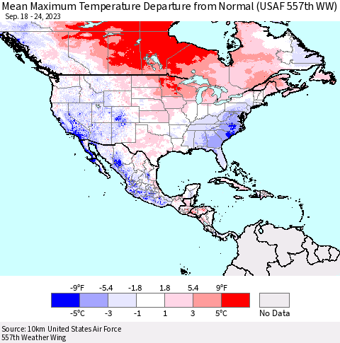 North America Mean Maximum Temperature Departure from Normal (USAF 557th WW) Thematic Map For 9/18/2023 - 9/24/2023