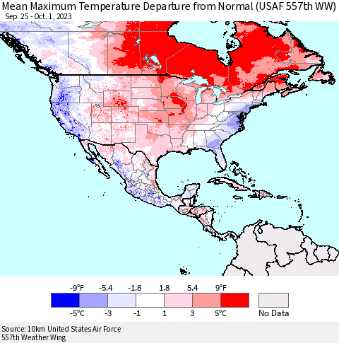North America Mean Maximum Temperature Departure from Normal (USAF 557th WW) Thematic Map For 9/25/2023 - 10/1/2023