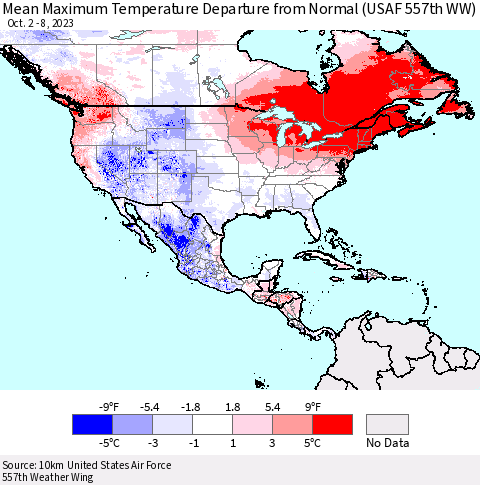 North America Mean Maximum Temperature Departure from Normal (USAF 557th WW) Thematic Map For 10/2/2023 - 10/8/2023