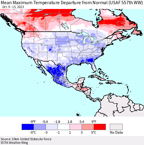 North America Mean Maximum Temperature Departure from Normal (USAF 557th WW) Thematic Map For 10/9/2023 - 10/15/2023