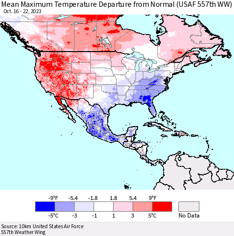 North America Mean Maximum Temperature Departure from Normal (USAF 557th WW) Thematic Map For 10/16/2023 - 10/22/2023
