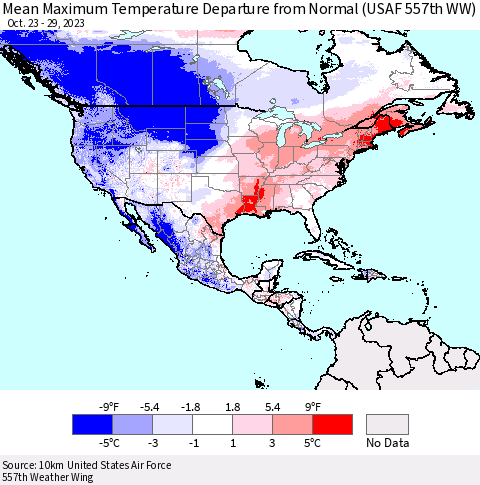 North America Mean Maximum Temperature Departure from Normal (USAF 557th WW) Thematic Map For 10/23/2023 - 10/29/2023