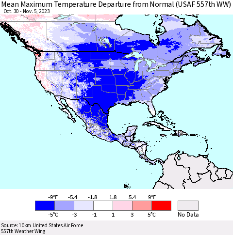 North America Mean Maximum Temperature Departure from Normal (USAF 557th WW) Thematic Map For 10/30/2023 - 11/5/2023
