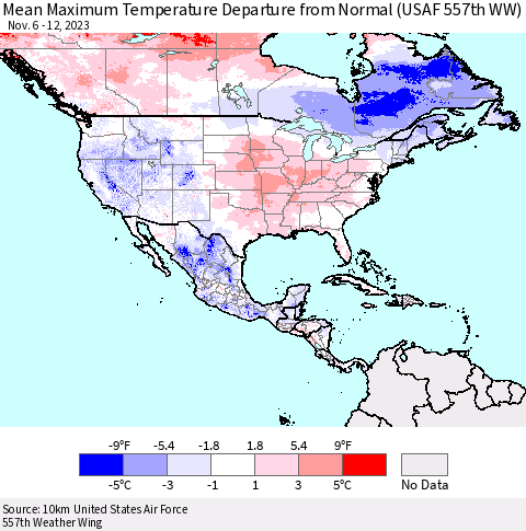 North America Mean Maximum Temperature Departure from Normal (USAF 557th WW) Thematic Map For 11/6/2023 - 11/12/2023