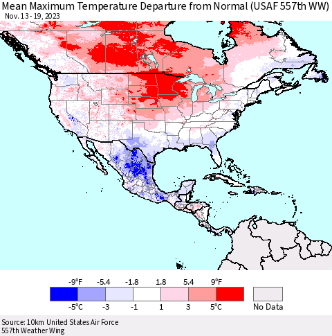 North America Mean Maximum Temperature Departure from Normal (USAF 557th WW) Thematic Map For 11/13/2023 - 11/19/2023