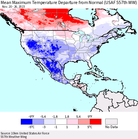 North America Mean Maximum Temperature Departure from Normal (USAF 557th WW) Thematic Map For 11/20/2023 - 11/26/2023