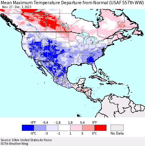 North America Mean Maximum Temperature Departure from Normal (USAF 557th WW) Thematic Map For 11/27/2023 - 12/3/2023