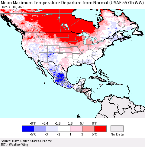 North America Mean Maximum Temperature Departure from Normal (USAF 557th WW) Thematic Map For 12/4/2023 - 12/10/2023