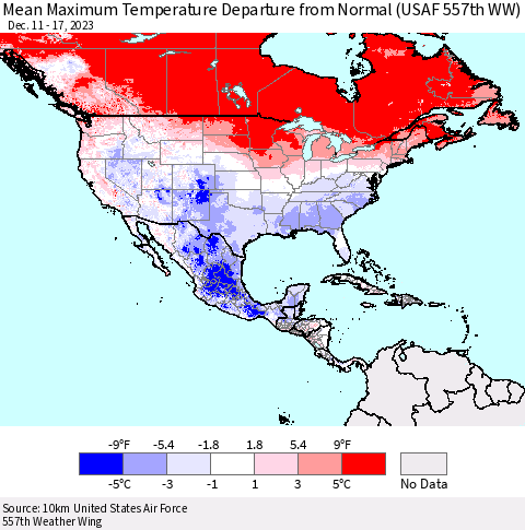North America Mean Maximum Temperature Departure from Normal (USAF 557th WW) Thematic Map For 12/11/2023 - 12/17/2023