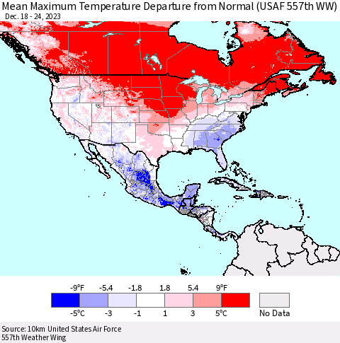 North America Mean Maximum Temperature Departure from Normal (USAF 557th WW) Thematic Map For 12/18/2023 - 12/24/2023