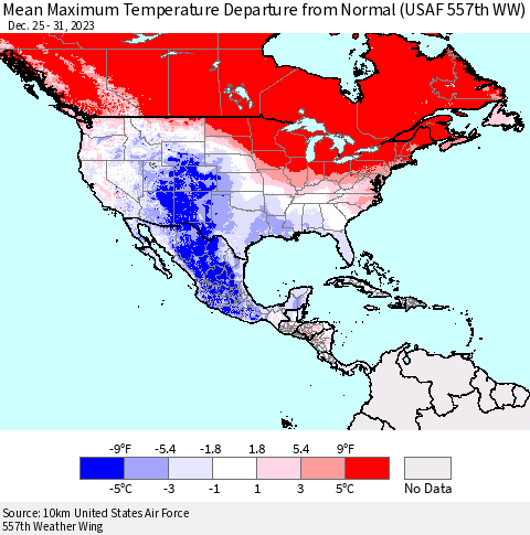 North America Mean Maximum Temperature Departure from Normal (USAF 557th WW) Thematic Map For 12/25/2023 - 12/31/2023