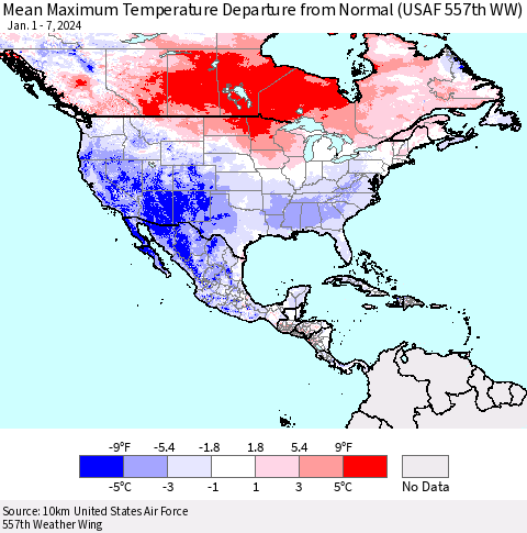 North America Mean Maximum Temperature Departure from Normal (USAF 557th WW) Thematic Map For 1/1/2024 - 1/7/2024