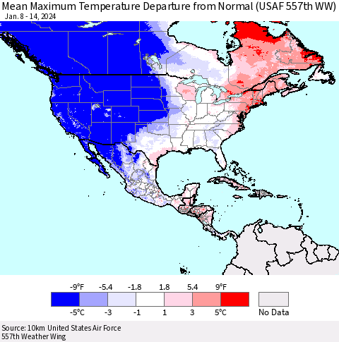 North America Mean Maximum Temperature Departure from Normal (USAF 557th WW) Thematic Map For 1/8/2024 - 1/14/2024