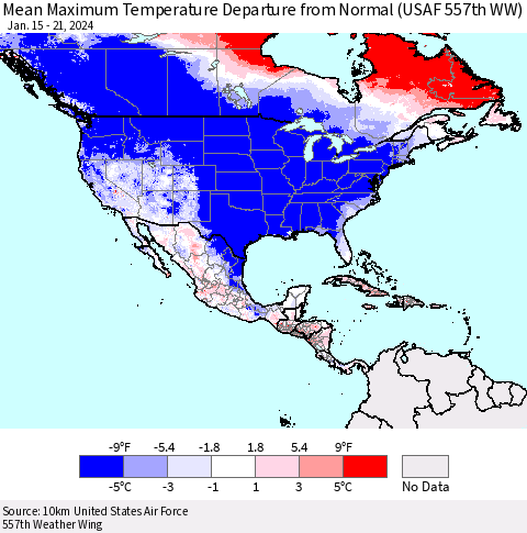 North America Mean Maximum Temperature Departure from Normal (USAF 557th WW) Thematic Map For 1/15/2024 - 1/21/2024