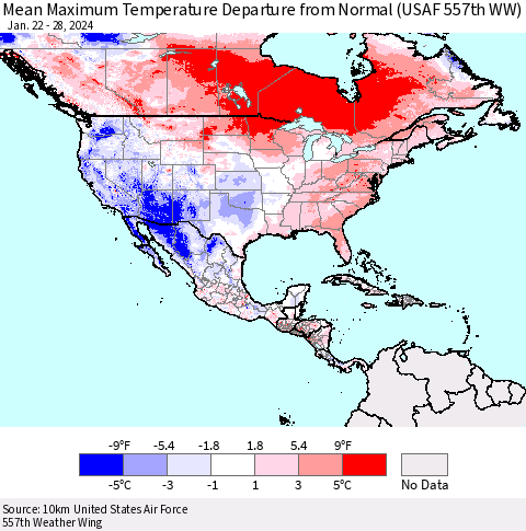 North America Mean Maximum Temperature Departure from Normal (USAF 557th WW) Thematic Map For 1/22/2024 - 1/28/2024