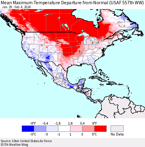 North America Mean Maximum Temperature Departure from Normal (USAF 557th WW) Thematic Map For 1/29/2024 - 2/4/2024