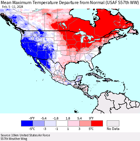 North America Mean Maximum Temperature Departure from Normal (USAF 557th WW) Thematic Map For 2/5/2024 - 2/11/2024